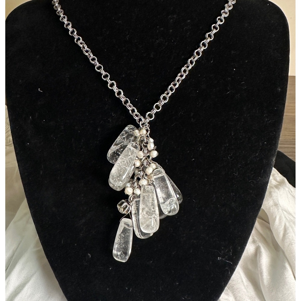 Coldwater Creek Icicle Cluster Necklace Clear Quartz Silver Bridal Boho NWT